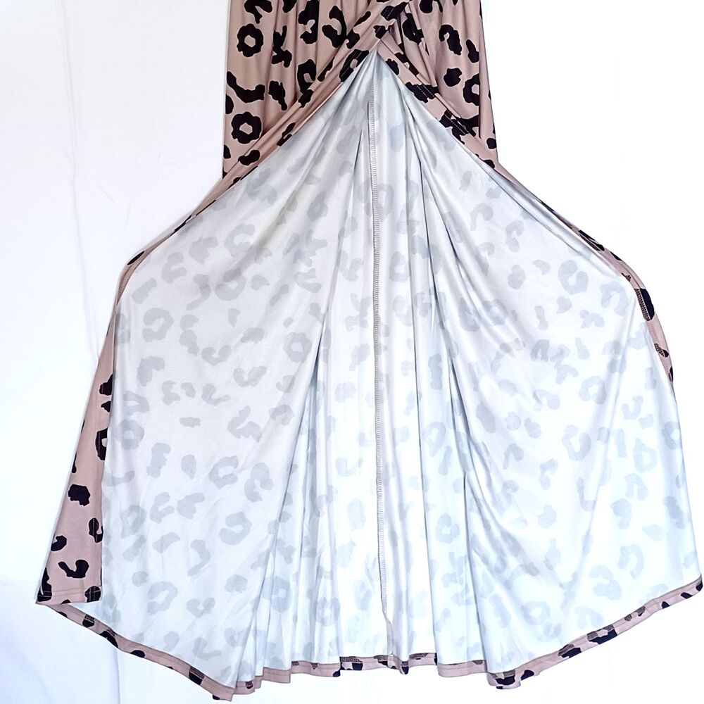 Newshows Women’s M Black/Beige Maxi Dress Crossed Overlay, Split-Front Leopard - Picture 6 of 11